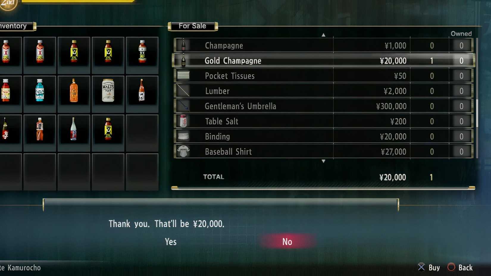 Image of gold champagne for purchase in Yakuza 0