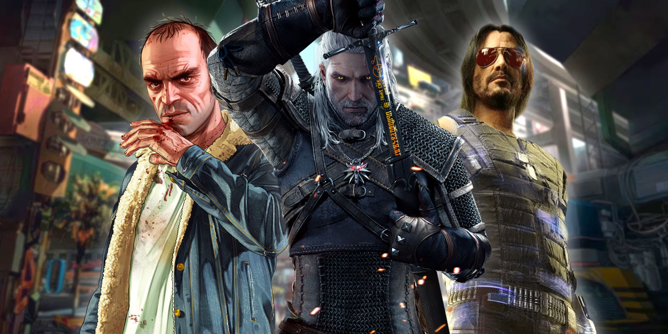 Grand Theft Auto 5, The Witcher 3, and Cyberpunk2077 key art