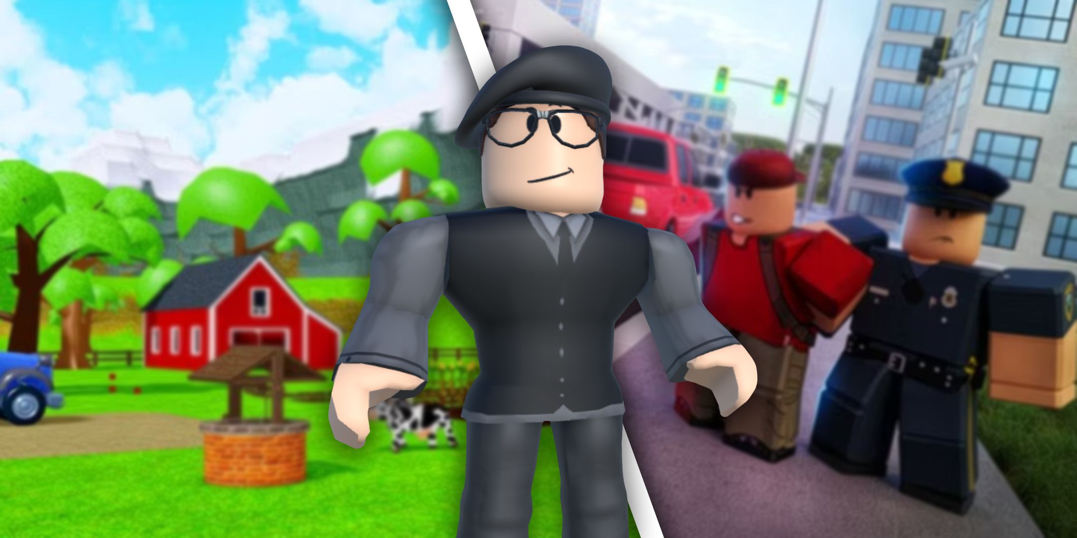 Roblox character in front of city games