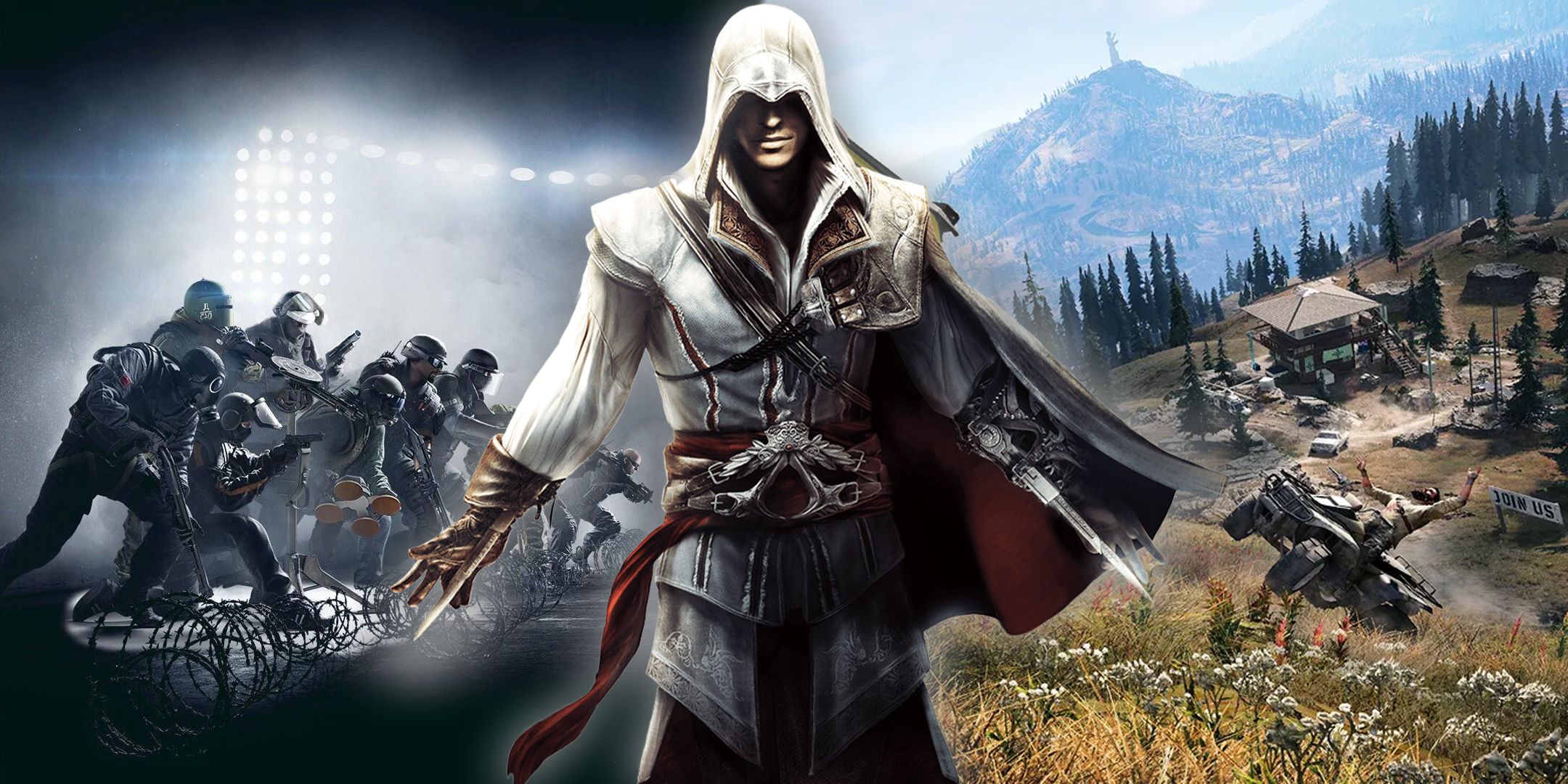 Assassin's Creed character in front of Far Cry 5 and Rainbow Six: Siege backgrounds