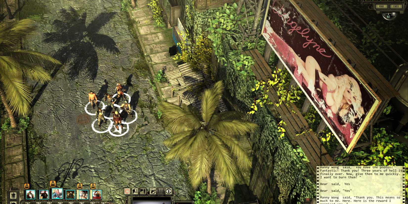 Group of characters walking down a vine-covered street in Wasteland 2