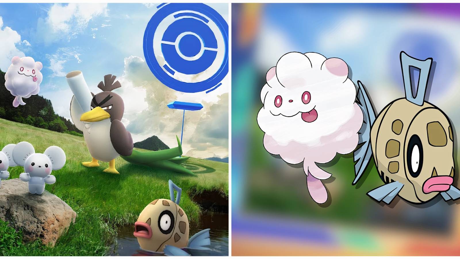 Split image of the Grow Together ticket and Swirlix and Feebas from Pokemon GO