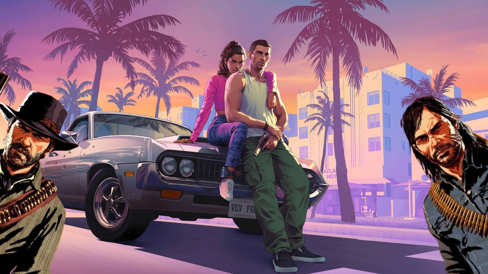 Arthur Morgan and John Marston over Grand Theft Auto 6 promo art