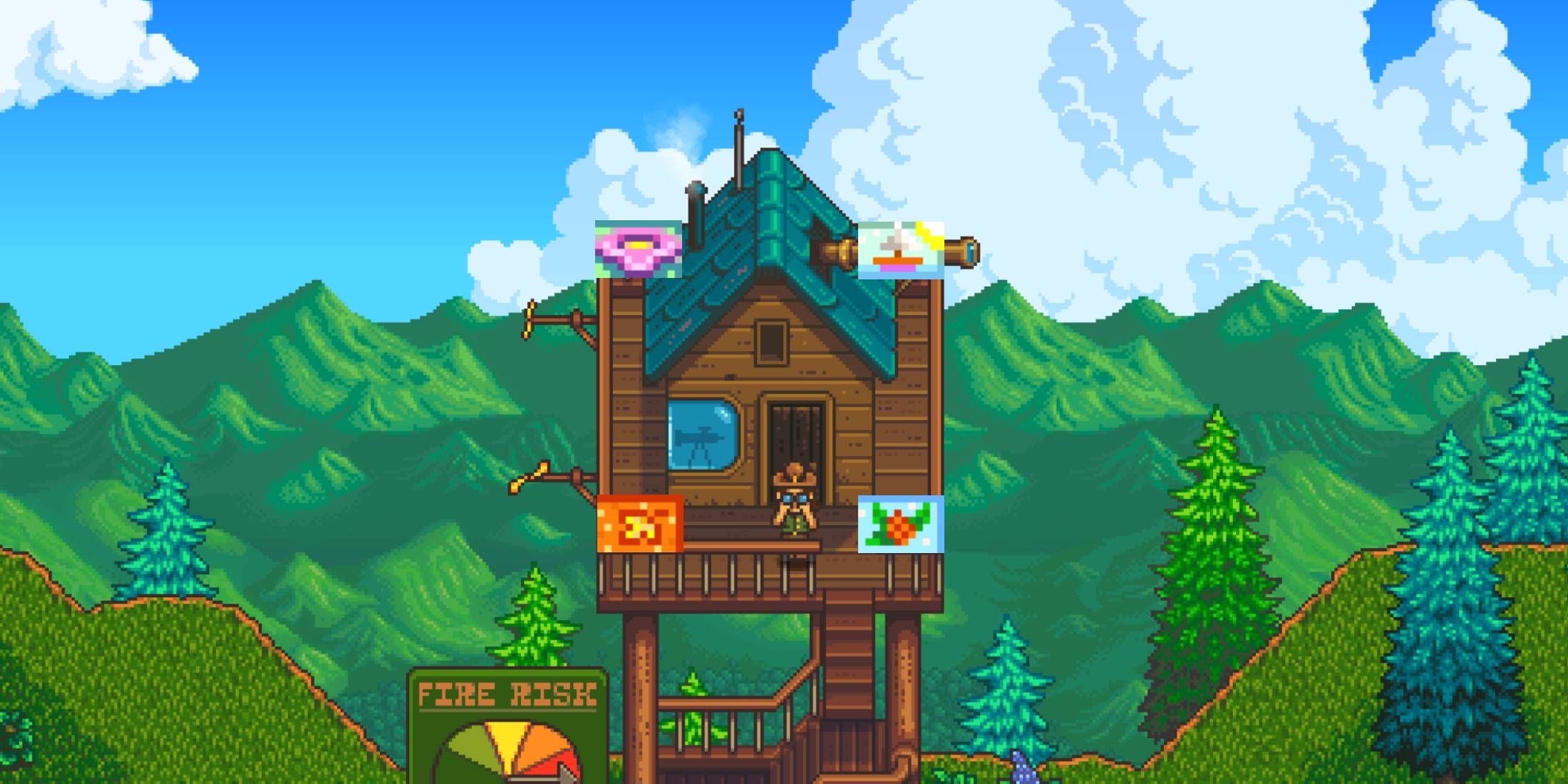 The firewatch tower from Haunted Chocolatier with the season emblems from Stardew Valley