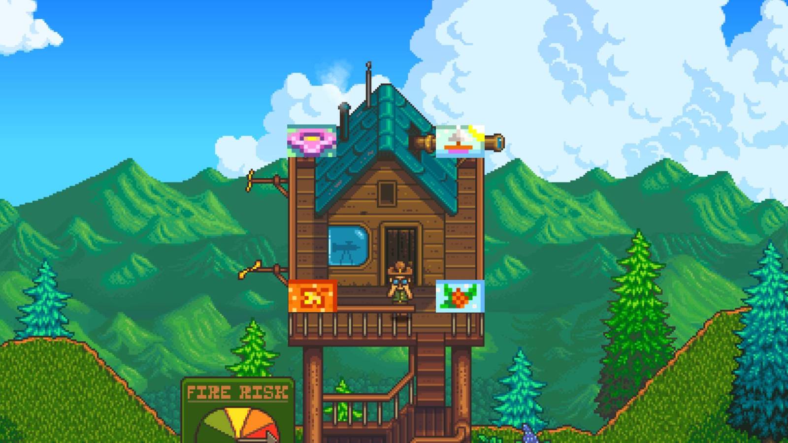 The firewatch tower from Haunted Chocolatier with the season emblems from Stardew Valley