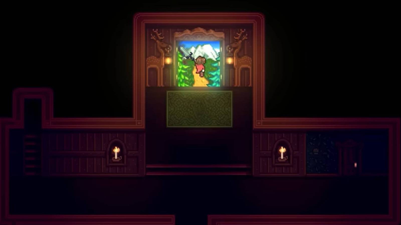 A character in Haunted Chocolatier jumping through an open door with the Dark Sword from Stardew Valley