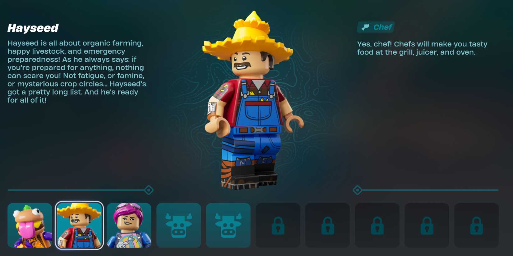 Screenshot showcasing Hayseed Resident Bio LEGO Fortnite 