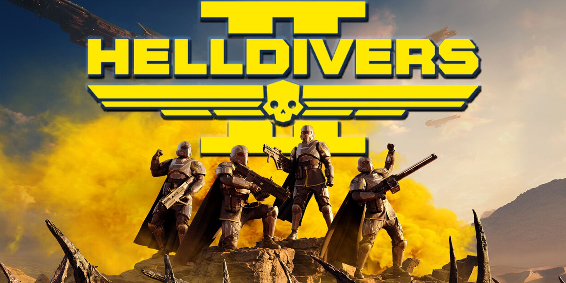 Helldivers squad in front of large yellow game logo