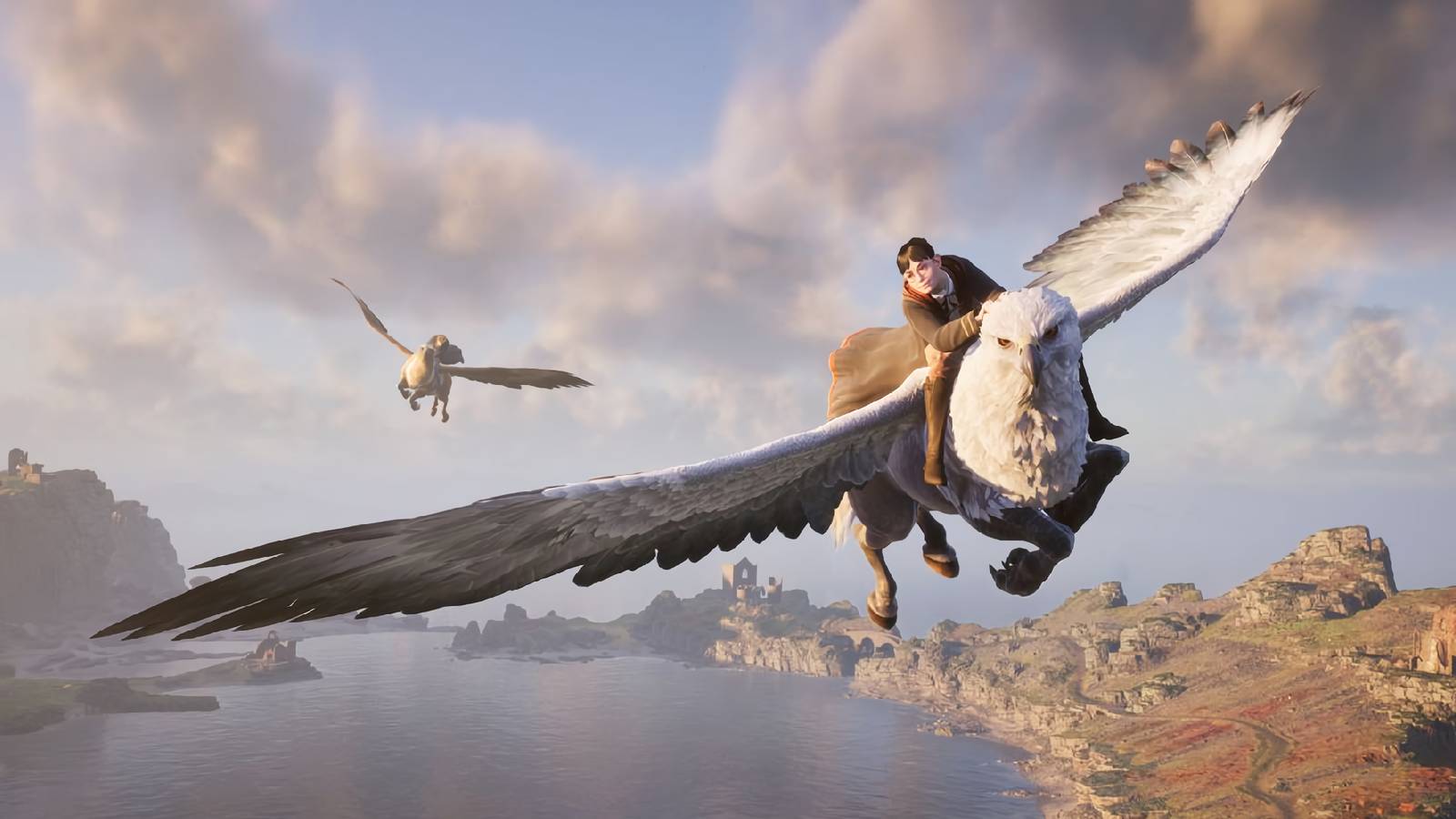 A screenshot from Hogwarts Legacy showing a player character riding a Hippogriff.
