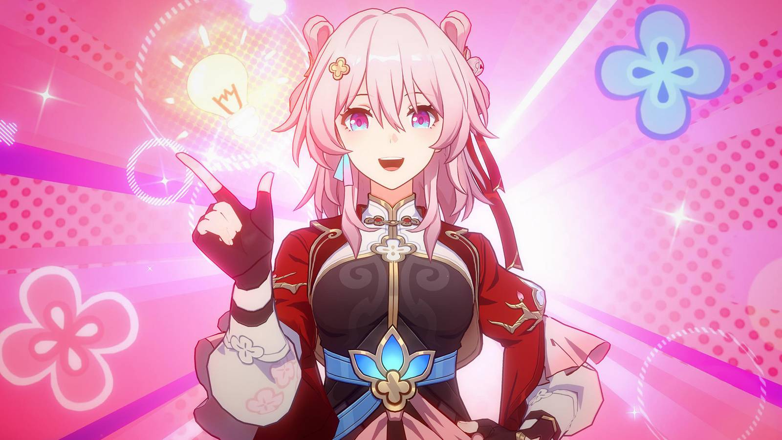 Honkai Star Rail character smiling while doing finger gun gesture on pink background
