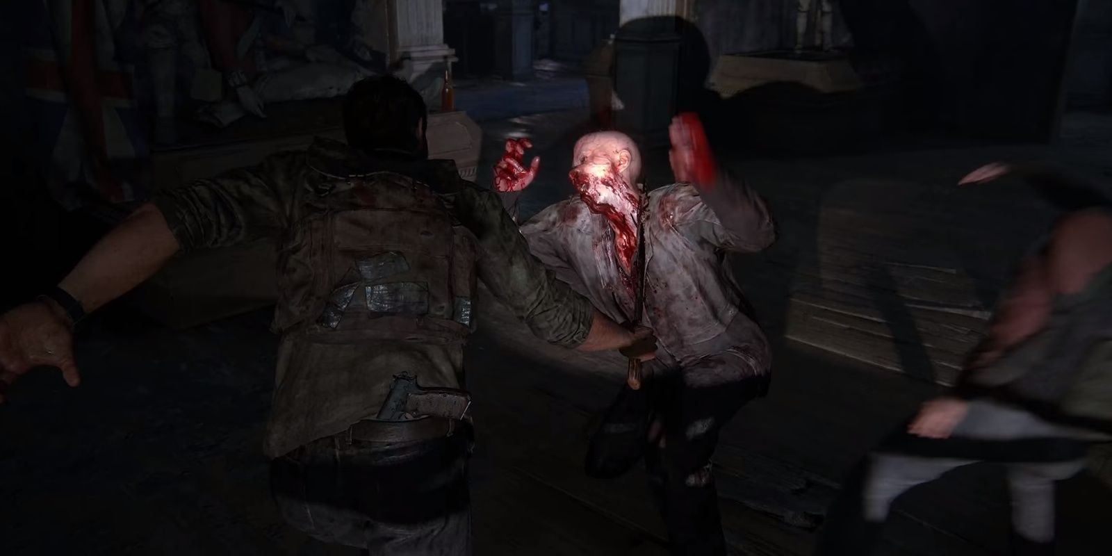 joel attacking a zombie with a machete in the last of us