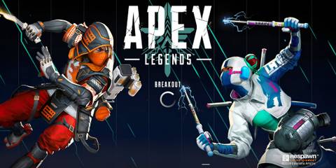 Two Apex Legends characters in front of a the game logo