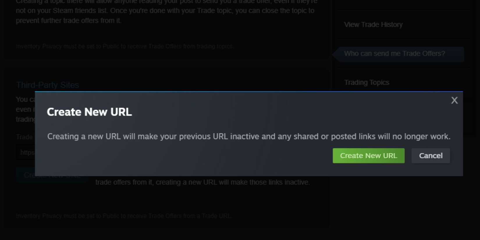 Create a New Steam Trade URL Warning Pop Up