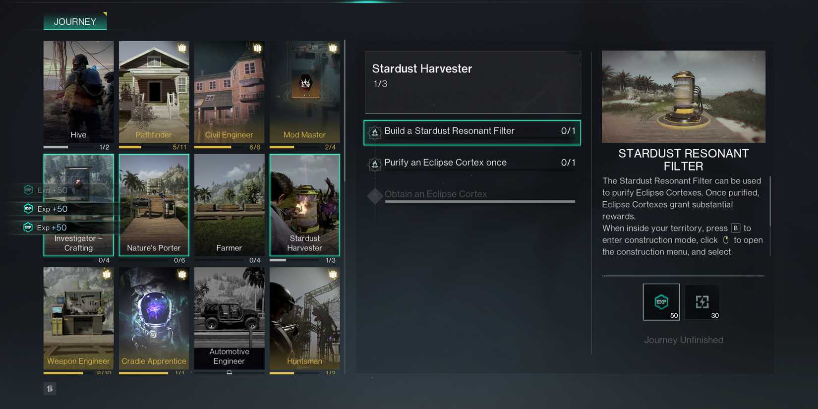 Screenshot showcasing how to get EXP by completing the Journey in Once Human 