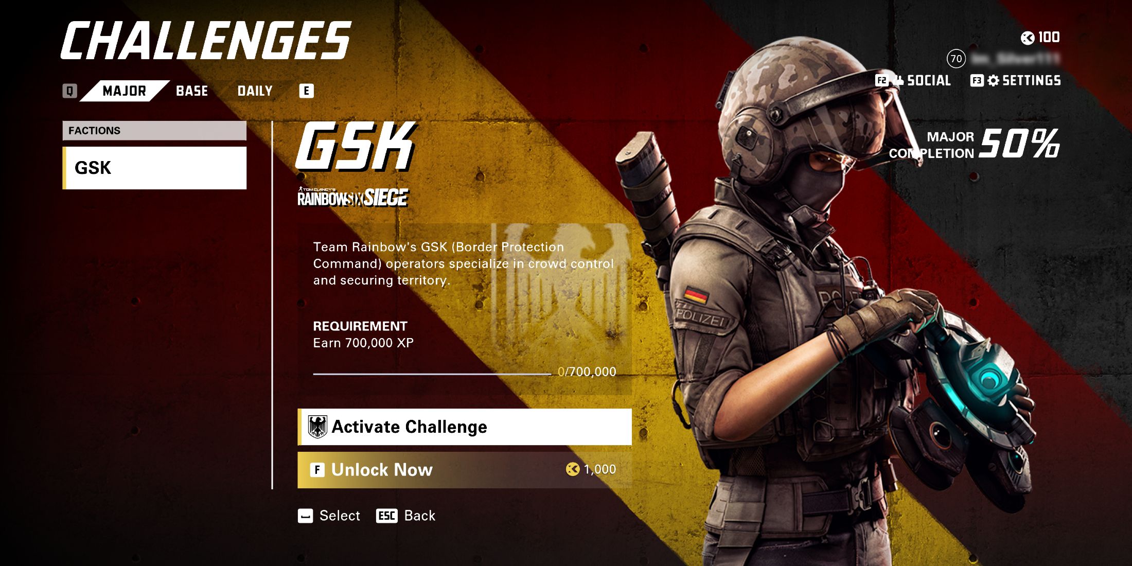 Screenshot showcasing how to unlock the GSK Faction by completing a major challenge in XDefiant 