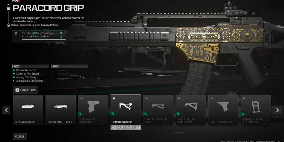 Screenshot showcasing how to unlock the Paracord Grip in Modern Warfare 3 and Warzone