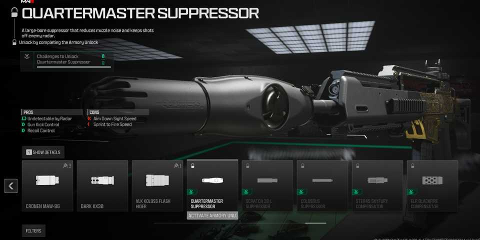 Screenshot showcasing how to unlock the Quartermaster Suppressor in Modern Warfare 3 and Warzone 