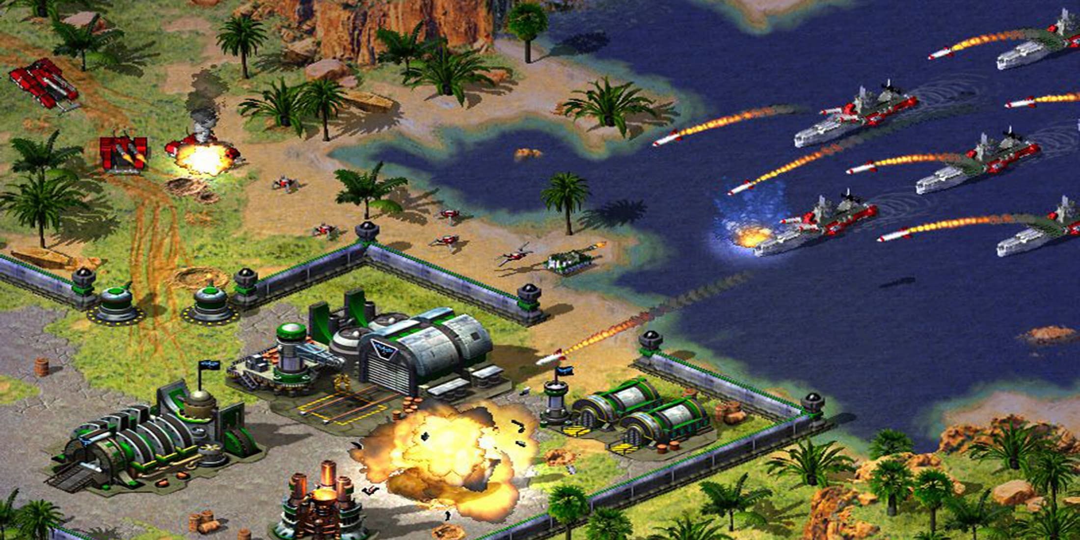 Soviet Dreadnoughts attacking an Allied base in Red Alert 2