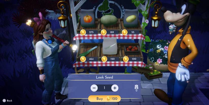 An image of Goofy's Stall selling the Leek Seed from Disney Dreamlight Valley