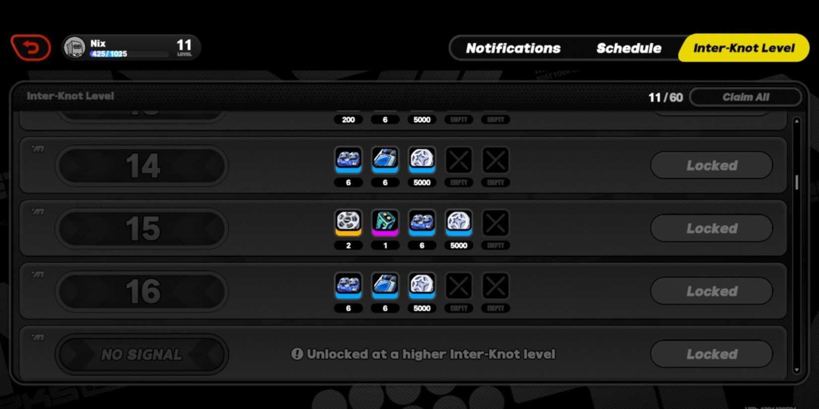 the inter-knot level up rewards in zenless zone zero.