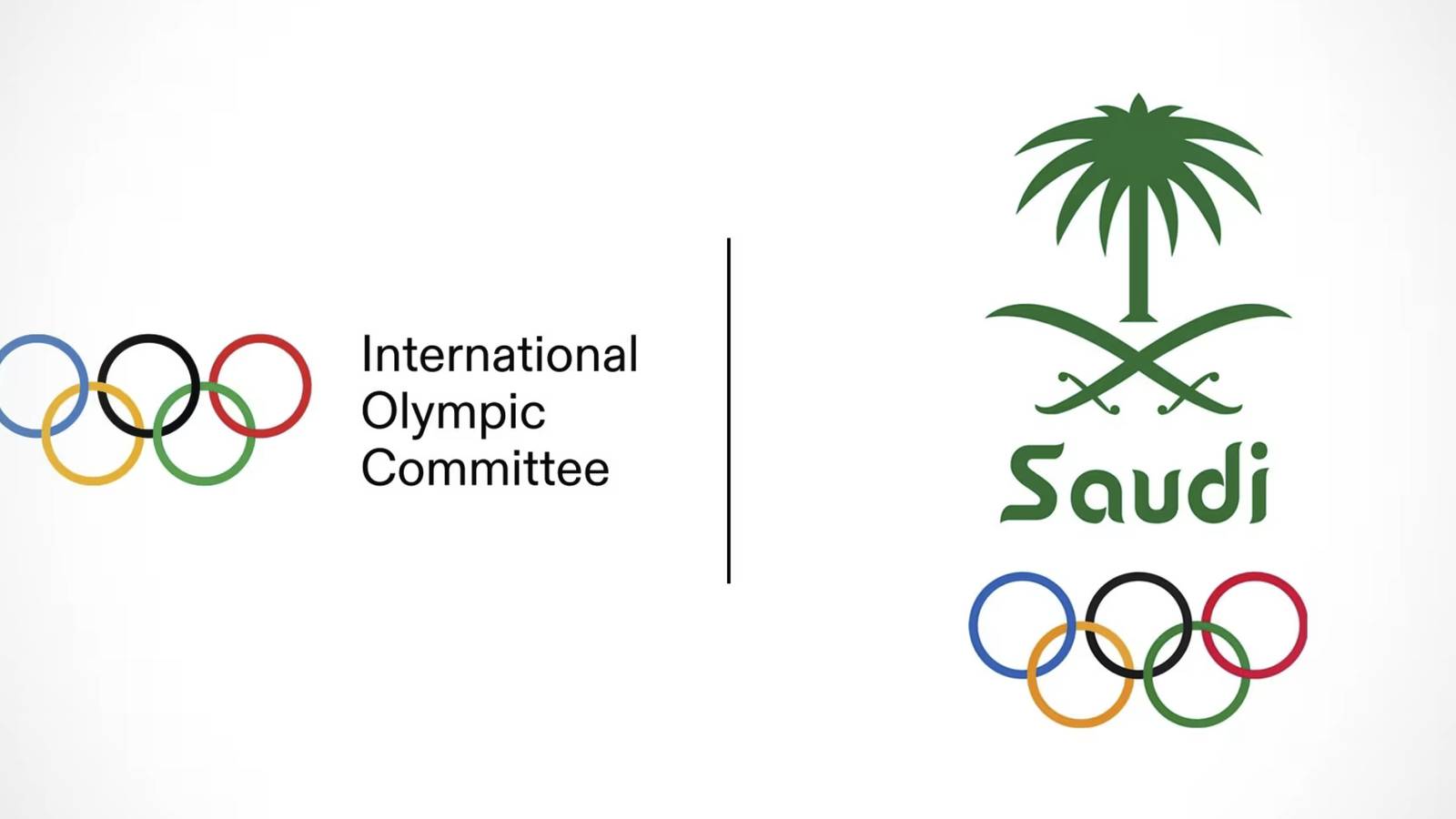 A banner featuring the collaboration between the IOC and Saudi Arabia in the Olympics.
