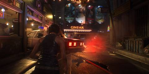 Jill Valentine on a street with a cinema sign and police car in Resident Evil 3