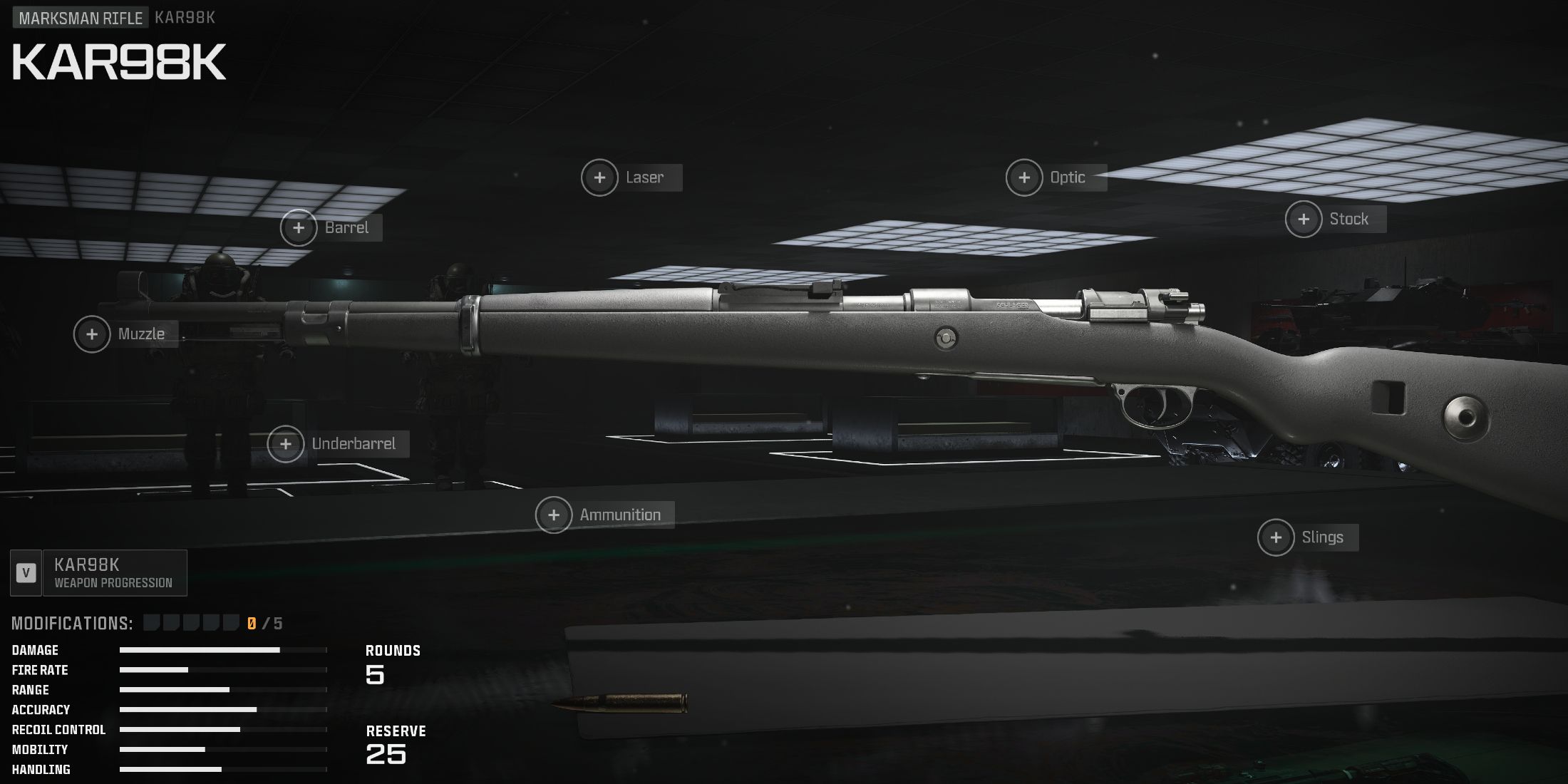 Screenshot showcasing the Kar98K in the Gunsmith for Modern Warfare 3 and Warzone 