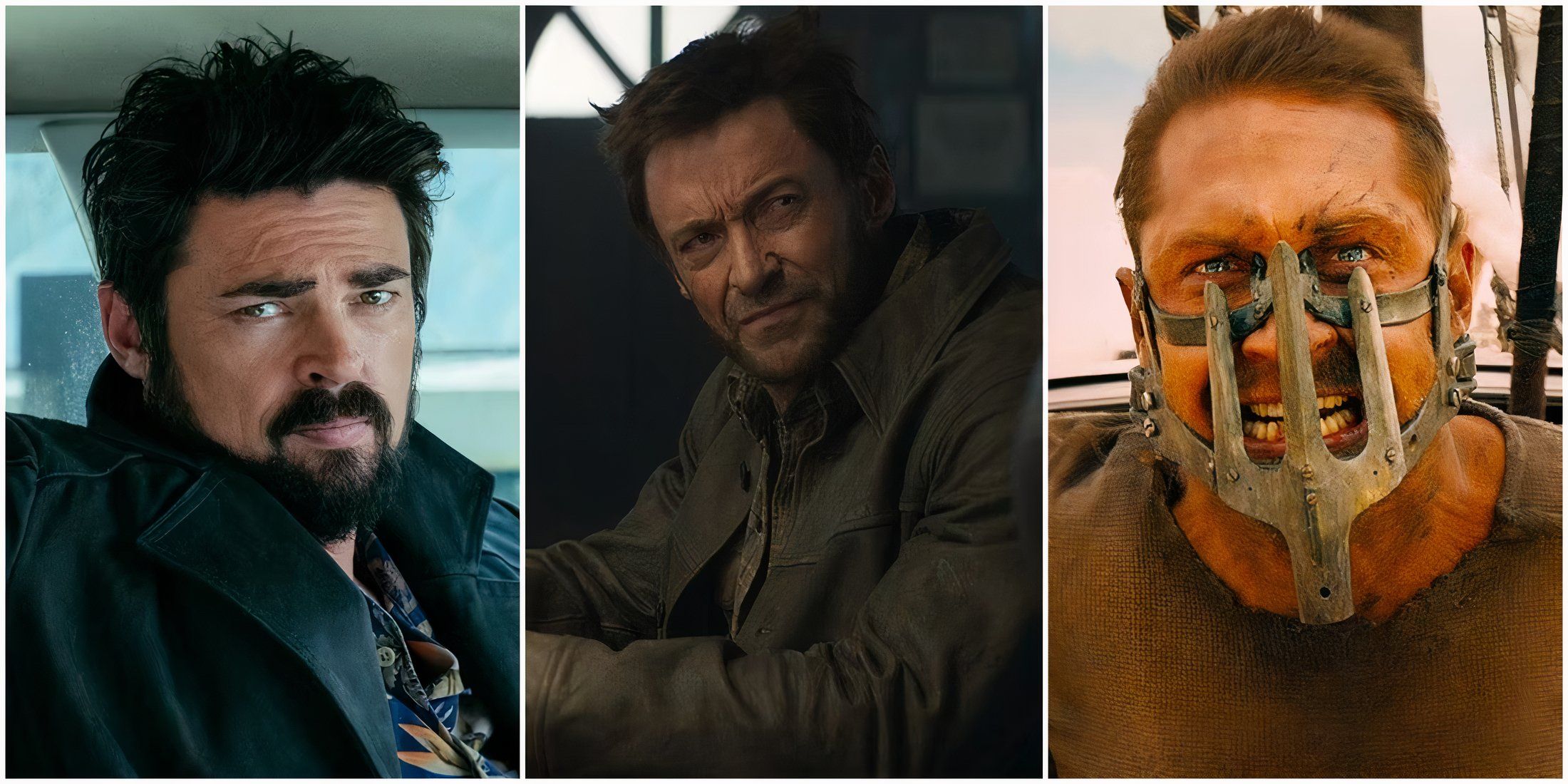 Karl Urban in The Boys, Hugh Jackman in X-Men, and Tom Hardy in Mad Max Fury Road