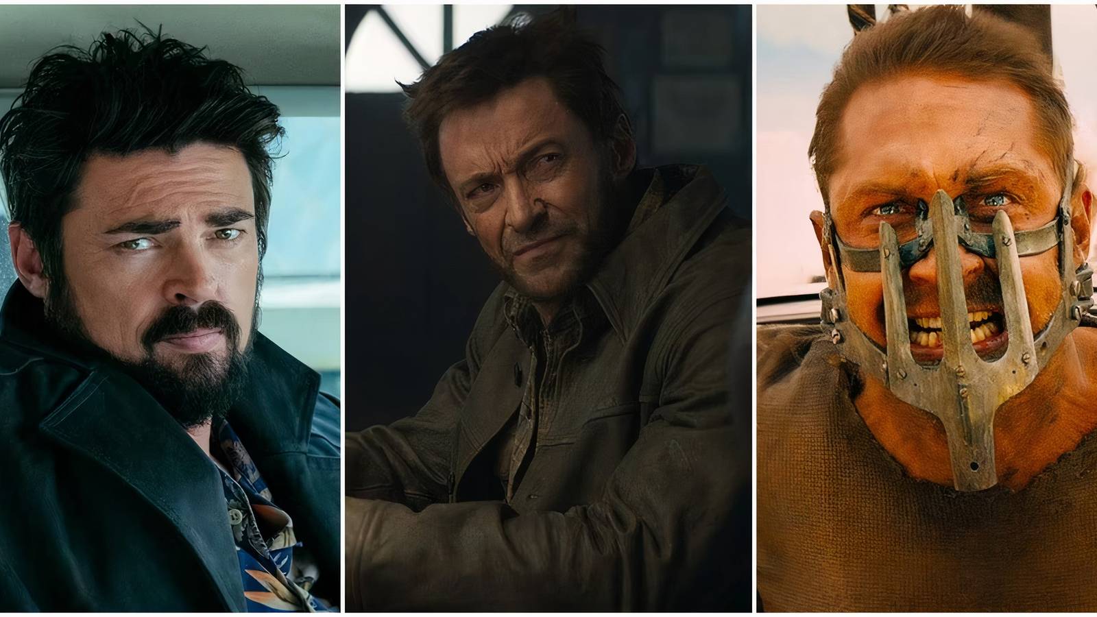 Karl Urban in The Boys, Hugh Jackman in X-Men, and Tom Hardy in Mad Max Fury Road
