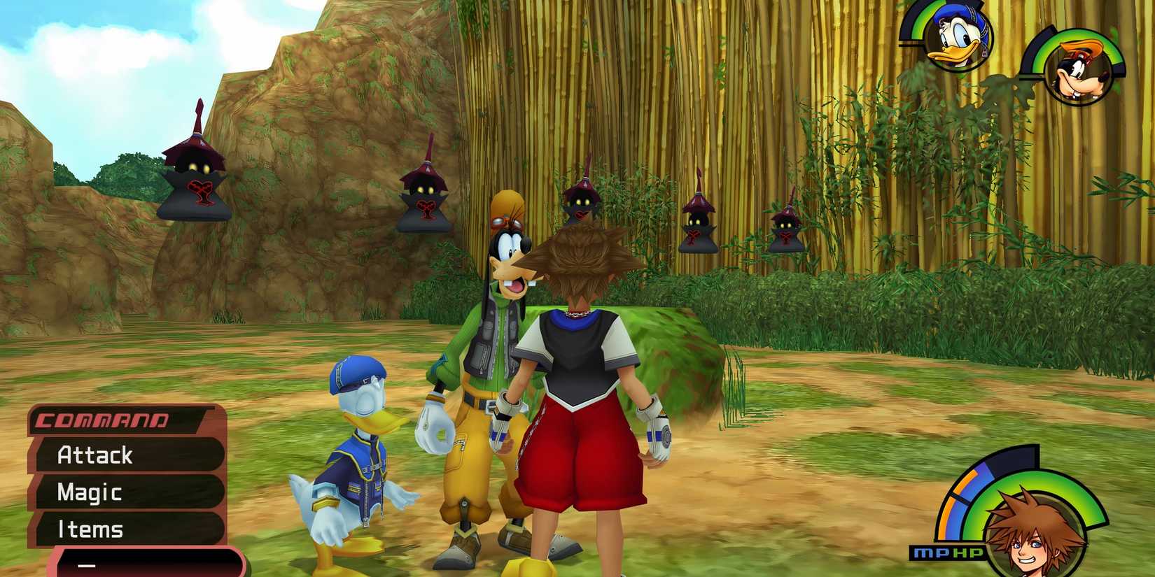 Sora, Donald, and Goofy standing around a bunch of heartless