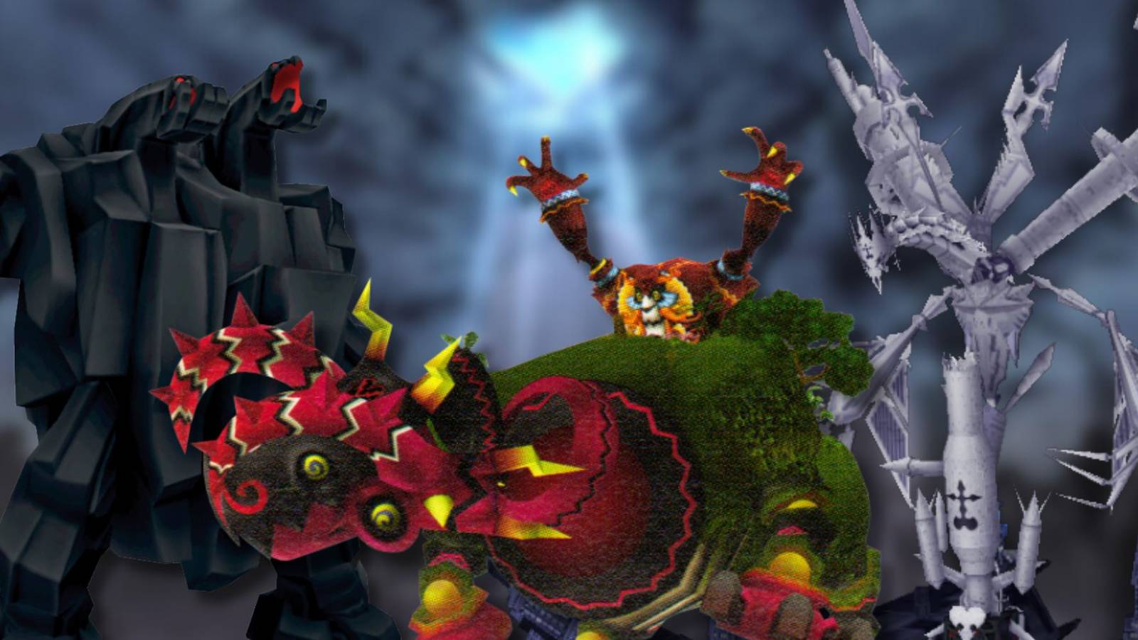 A collage featuring some of the largest bosses in the Kingdom Hearts series: The Rock Titan, the Groundshaker and Xemnas' Dragon.