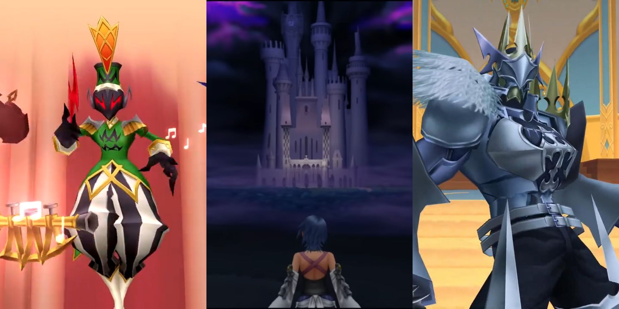A collage of some of the key differences between the original and the Final Mix version of Birth by Sleep: The recoloring of Unversed like the Symphony Master boss, Aqua inside the Realm of Darkness in the Secret Episode and one of the new 3 optional bosses: No Heart.