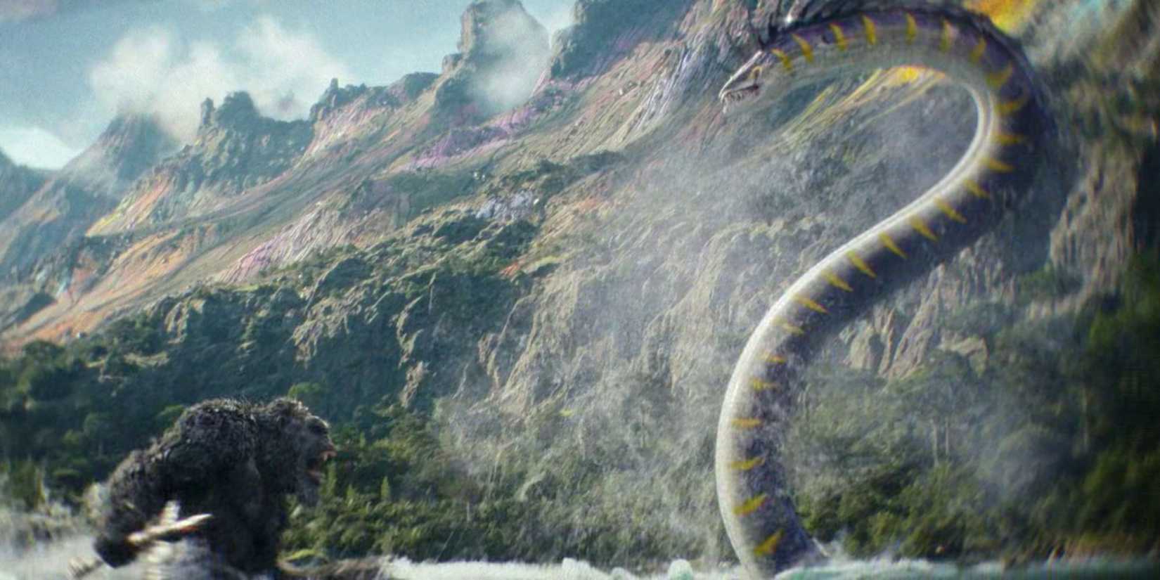 Kong fights the Drownviper in a lake.