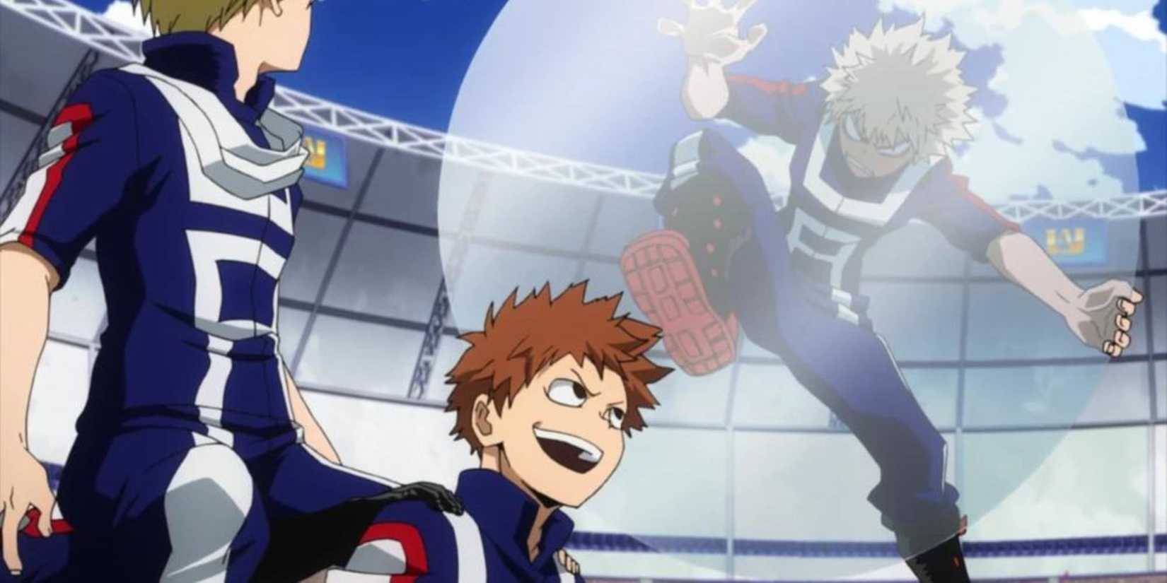 Kosei uses his Quirk to block Bakugo's attack with an air barrier.