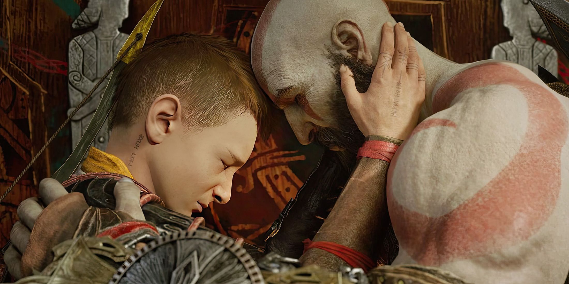 Kratos Atreus hugging in God of War Ragnarok upscaled