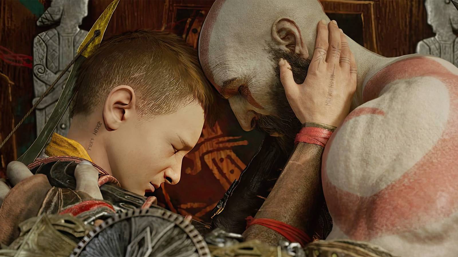 Kratos Atreus hugging in God of War Ragnarok upscaled