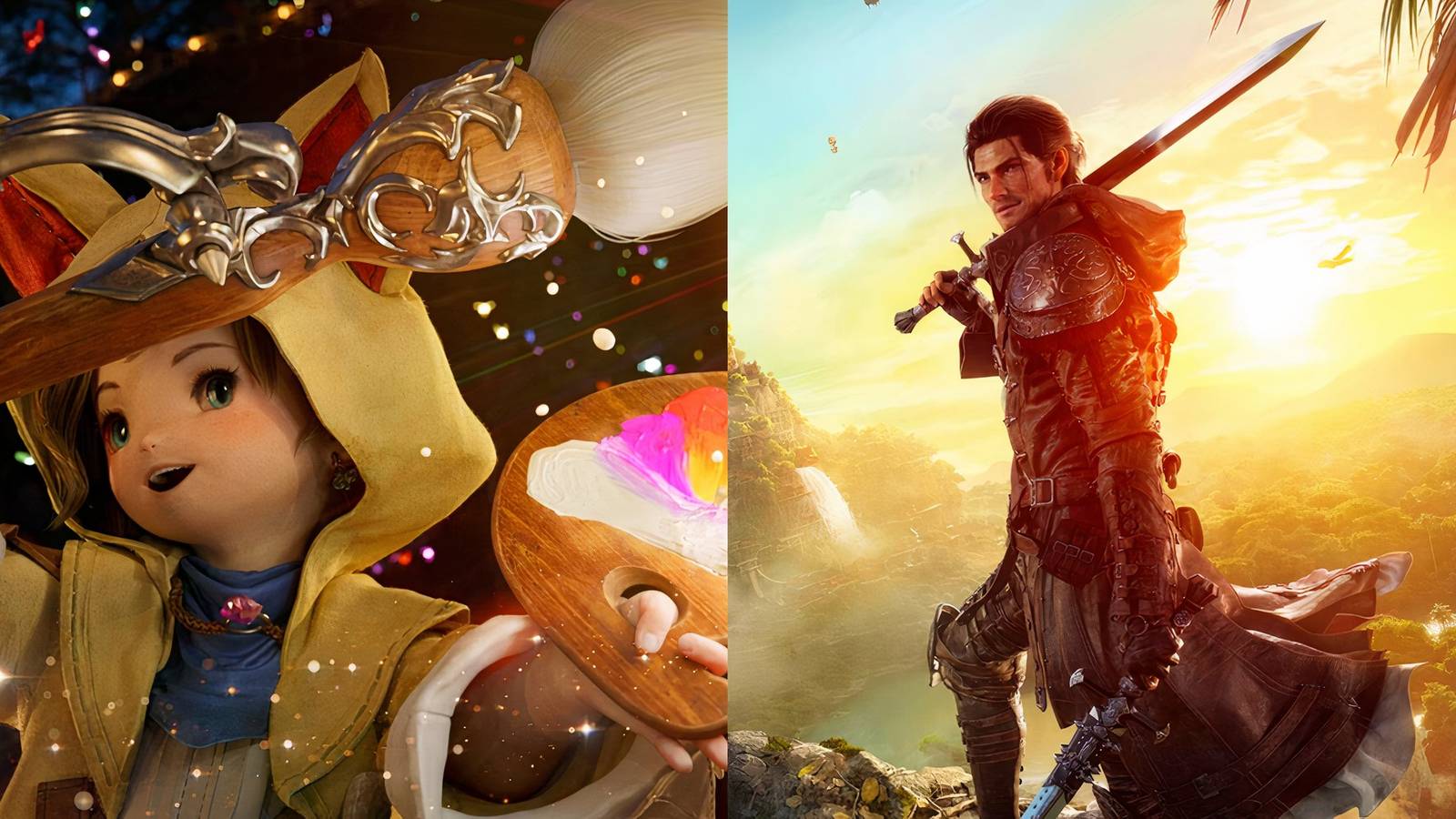 Krile as a Pictomancer, and a Dawntrail poster of a Viper in Final Fantasy 14