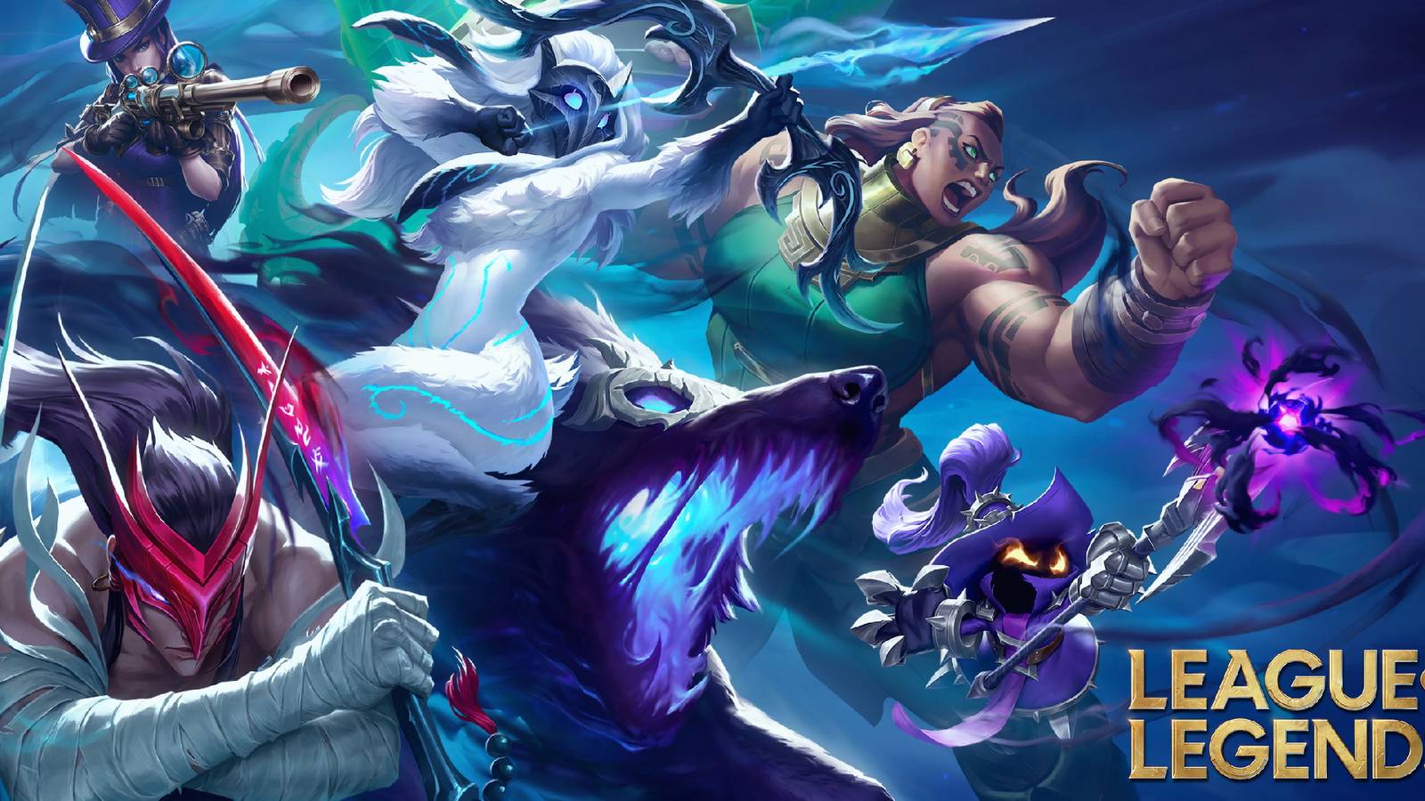A promotional visual for League of Legends showing Yasuo, Caitlyn, Kindred, Illaoi, and Veigar.