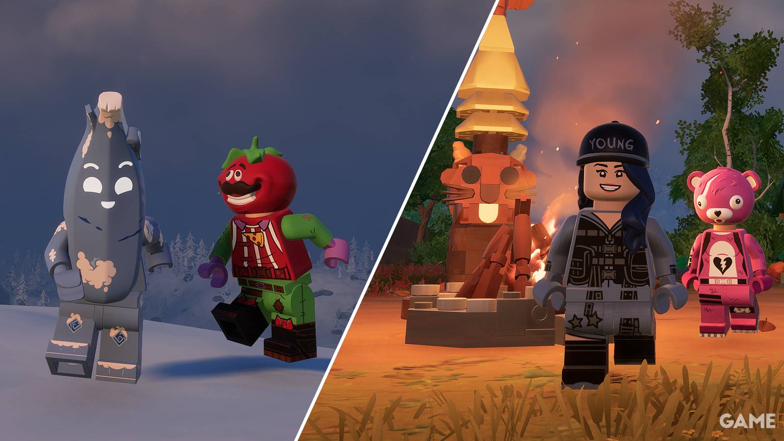 Split-image showcasing different Villagers in LEGO Fortnite