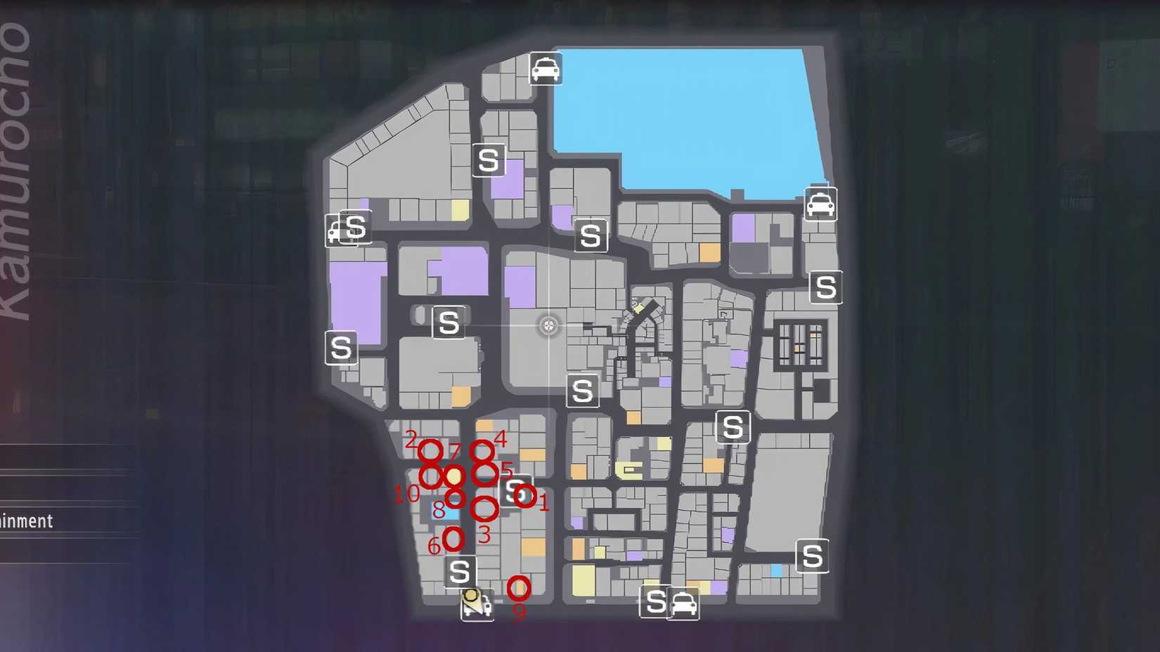 Image of the locations on the map of Leisure King properties in Yakuza 0