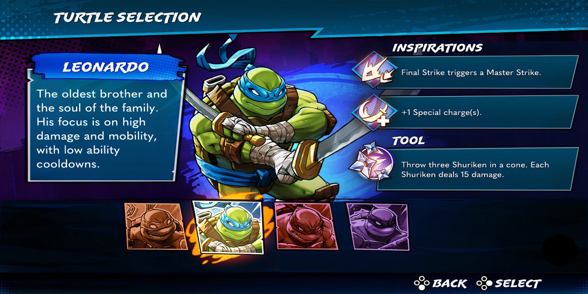 Leonardo selection screen in Teenage Mutant Ninja Turtles Splintered Fate