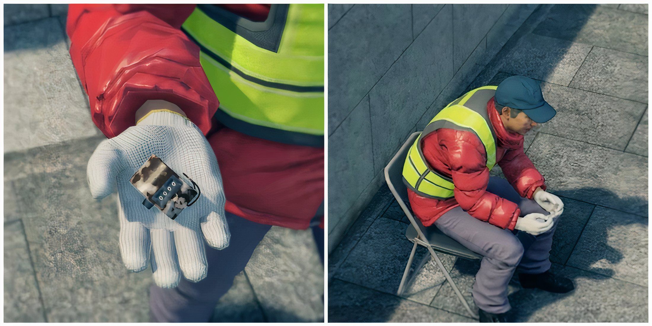 Split image of the traffic census worker holding the clicker, and sitting on a chair in Yakuza Like a Dragon