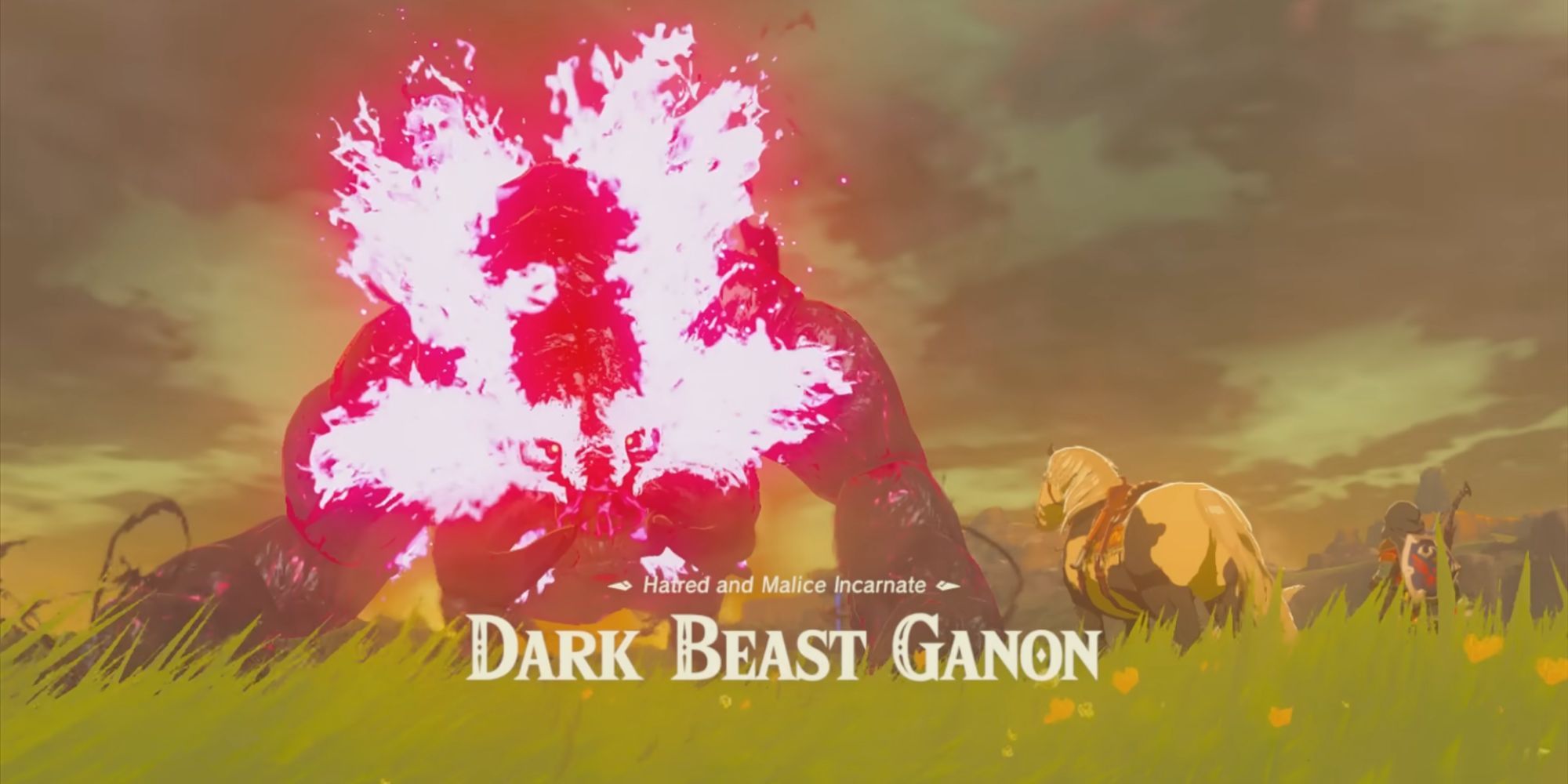 Link confronts Dark Beast Ganon in the middle of Hyrule Field.