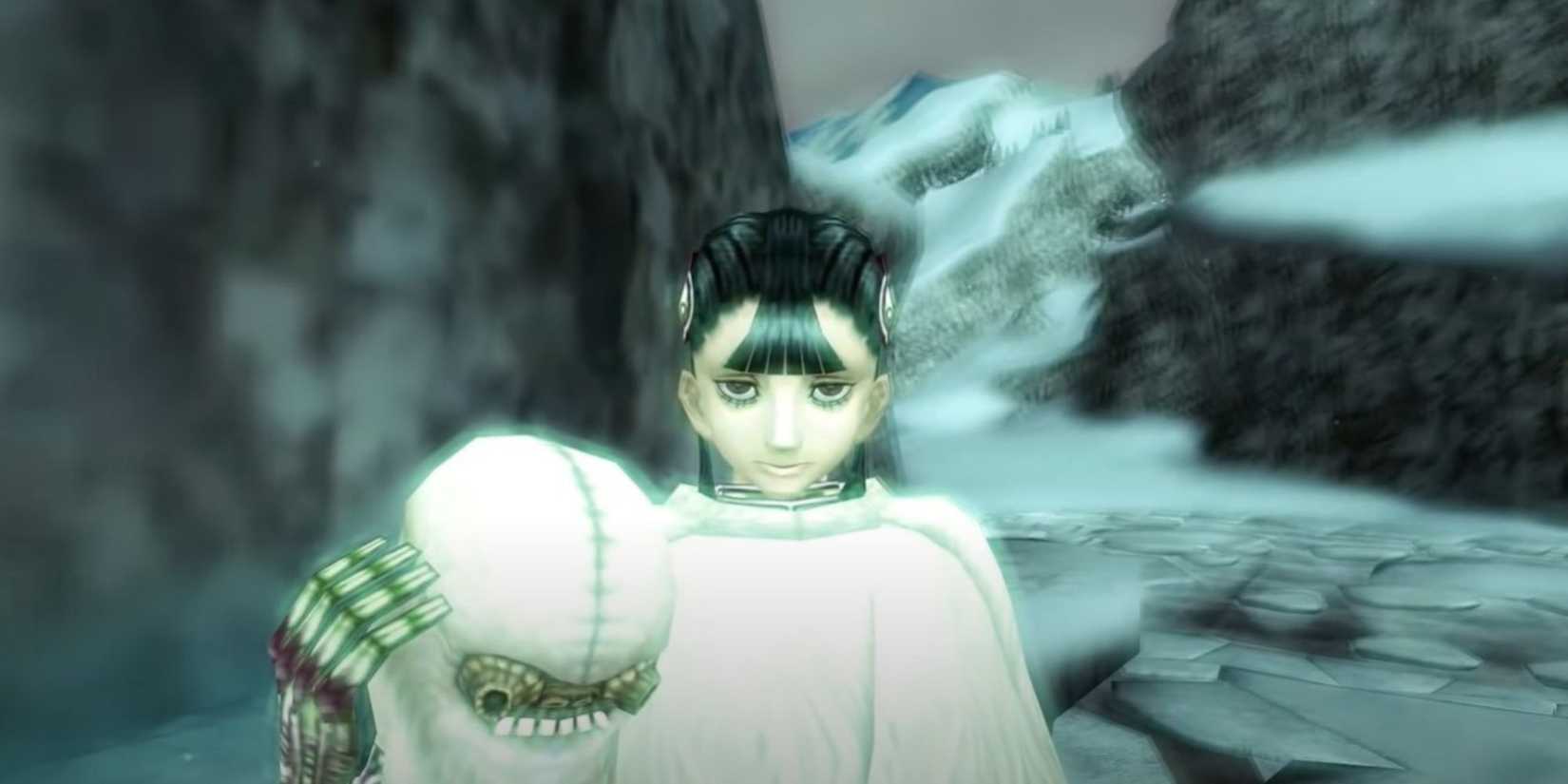 Link meets Ashei (who's wearing her Yeti mask) in the Snowpeak region.