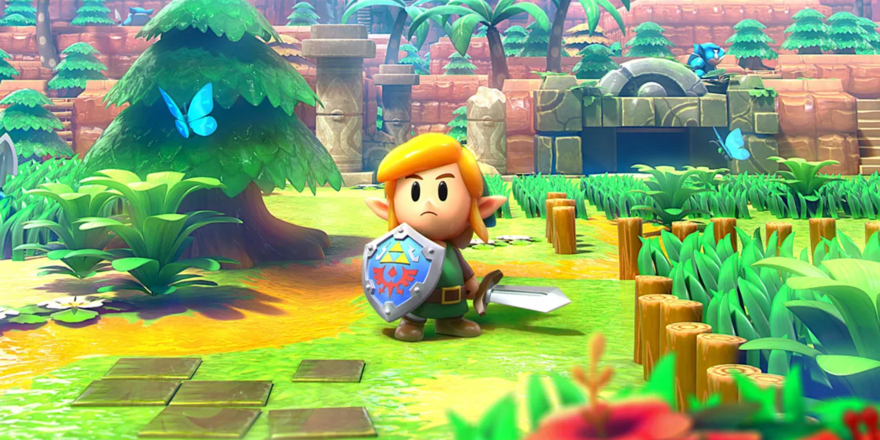 Link with sword and shield in The Legend of Zelda: Link's Awakening.