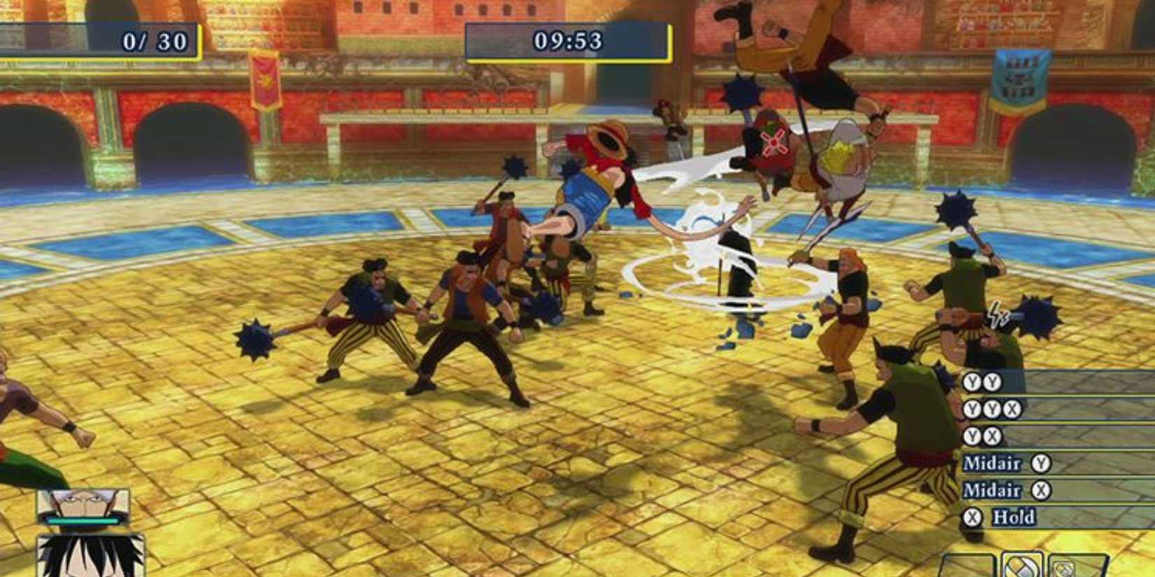 Luffy and Law fighting various enemies in Corrida Colosseum.