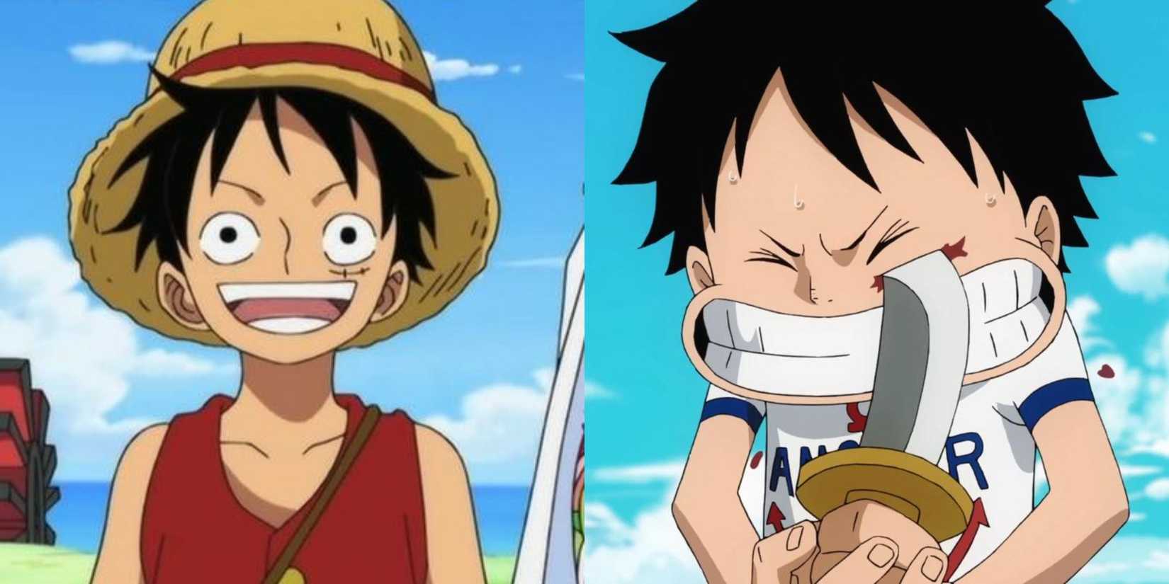 Luffy smiles right before the timeskip, and a young Luffy stabs himself in the eye.