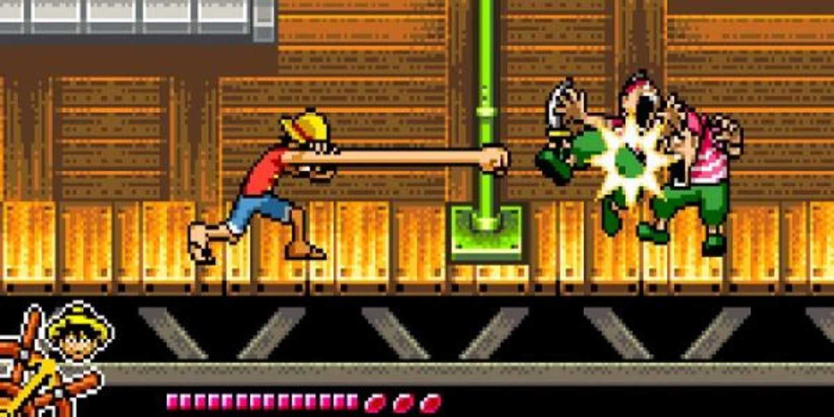 Luffy uses his Rubber Attacks to fight some Pirate enemies.