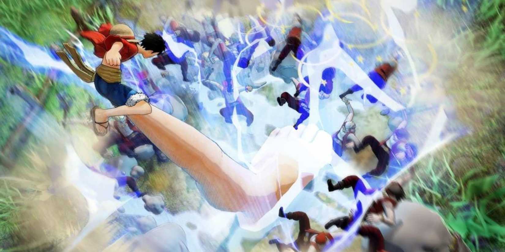 Luffy using Gomu Gomu no Gigant Thor Axe on multiple enemies.