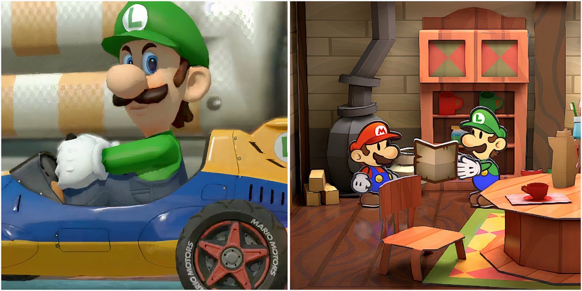 Luigi in Mario Kart 8 and Mario talking to Luigi in Paper Mario The Thousand-Year Door